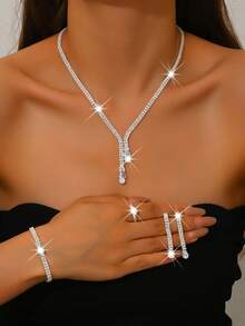 5pcs Luxury Rhinestone Embellished Necklace, Earrings, Bracelet And Ring Set For Women's Daily Commute, Wedding, Party And Holiday Gifts