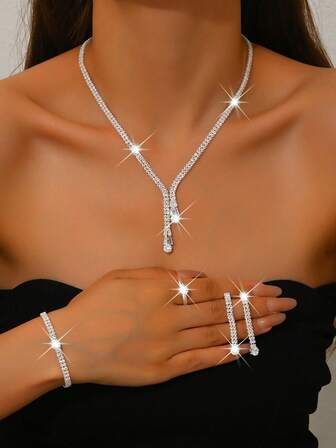 5 件奢华水钻装饰项链、耳环、手链和戒指套装，适合女性日常通勤、婚礼、派对和节日礼物