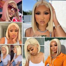 Straight Short Bob 613 Honey Blonde HD Lace Frontal Wig 13x4 Straight Transparent Lace Frontal Wig Bob 613 Colored Human Hair Wigs - S613 - 查看 6