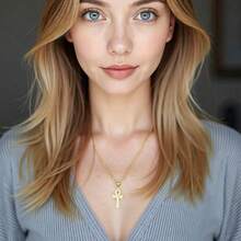 dollrinboy 1件纹理安卡十字架吊坠项链，男女通用，3毫米不锈钢费加罗链项链，复古埃及十字架吊坠项链，简约首饰 - 叉 - 查看 7