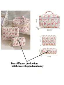 3pcs/Set Pink Quilted Bow & Rose Design Cosmetic Bag, Travel Makeup Bag - Fashion Portable Makeup Pouch, Multifunctional Storage Bag, Large Capacity Cute Toiletry Bag, Lightweight Zipper Cosmetic Organizer, Sweet Style Toiletries Storage Box, Printed Wash Bag For Lipstick, Brushes, Skincare, Phone, Coins, Small Items, Mother's Day Gift