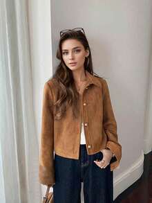 Women's Autumn/Winter Faux Suede Lapel Short Jacket - Brown - View 2