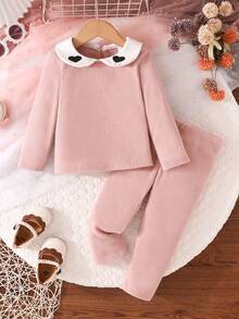 2pcs/Set Baby Girls Casual Solid Color Ribbed Heart Embroidery Peter Pan Collar Long Sleeve Top + Solid Color Ribbed Pants, Comfortable & Versatile Outdoor Outfit, Autumn/Winter - Pink - View 1