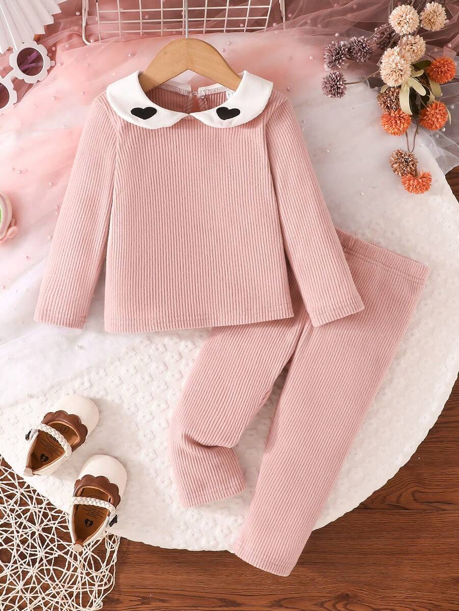 2pcs/Set Baby Girls Casual Solid Color Ribbed Heart Embroidery Peter Pan Collar Long Sleeve Top + Solid Color Ribbed Pants, Comfortable & Versatile Outdoor Outfit, Autumn/Winter - Pink - View 1