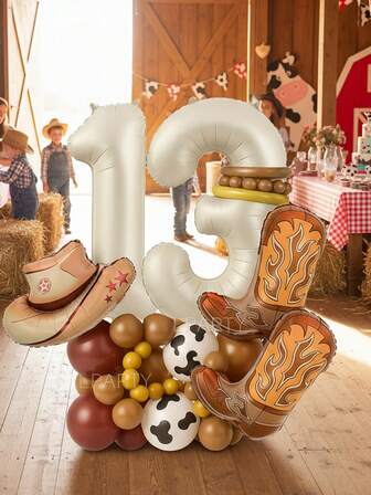 22 piezas/33 piezas Decoraciones de globos para fiesta vaquera - 22 piezas/33 piezas Decoración temática de rodeo vaquero, globos de número de 40 pulgadas en crema (0-9), globos de sombrero y bota vaquera de lámina en topo, globos de látex de 12 pulgadas con estampado de vaca, globos de látex en marrón/óxido/moca para fiesta de despedida de soltera vaquera, decoración de cumpleaños del Lejano Oeste, baby shower