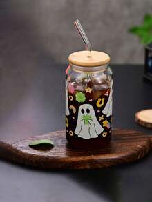 1pc Halloween Soda Cup High Borosilicate Glass Straw Cup Bamboo Lid Water Cup Heat Resistant Ins Style Glass Cup