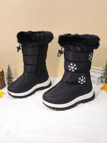 儿童冬靴，女童厚毛绒中筒雪地靴，厚底防滑可爱保暖鞋 - 黑色 - 查看 4