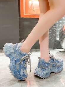 2026春秋新款星空水钻厚底运动鞋，时尚增高休闲跑步鞋，女士款 - 藍色 - 查看 5