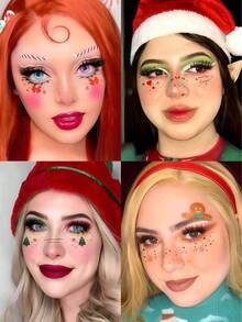 6张圣诞雀斑脸部临时纹身贴纸，图案包括圣诞树、蝴蝶结、姜饼人、铃铛，可爱防水，适合圣诞派对、音乐节、圣诞精灵、圣诞老人角色扮演等场合。 - 彩色 - 查看 2