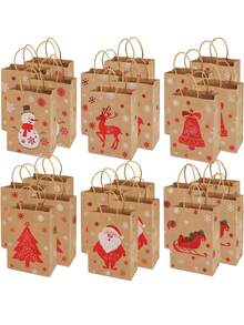 24个/6个圣诞礼品袋，圣诞老人、圣诞树印花牛皮纸袋，礼品包装袋，派对装饰手提袋，圣诞装饰品，圣诞派对用品，礼品袋，手提袋，包装袋。印有圣诞老人、圣诞树、雪人、驯鹿、圣诞铃铛、圣诞雪橇等图案。适用于礼品包装、购物包装。圣诞节。 - 彩色 - 查看 6