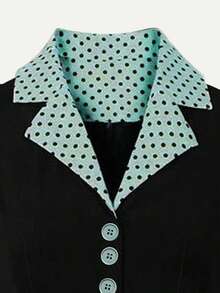 女士优雅拼布撞色领短袖系带波尔卡圆点中长连衣裙，夏季 - 彩色 - 查看 4