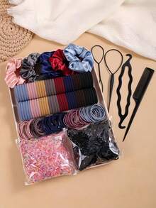 1159pcs/Set Basic Fashion Hair Accessories Kit: Includes Satin Scrunchies For Elegant Slouchy Styles, Multi-Color Hair Ties, And Practical Styling Tools Like Comb - Suitable For Girls And Women, Satisfying Daily Needs. Easy To Create Simple Ponytails, Fancy Buns Or Creative Hairstyles, Practical And Useful!, School Stuff, Gifts, Hair Bobbles, Hair Bands, Head Accessories - Multicolor - View 13