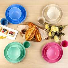 16/32pcs Kitchen Wheat Straw Large Size Dinnerware Set, Service For 4/8, Unbreakable Modern Dish Set-Dinner Plate/Dessert Plate/Cereal Bowl/Cup, Lightweight Tableware, Perfect Camping And Everyday Use - 彩色 - 查看 6
