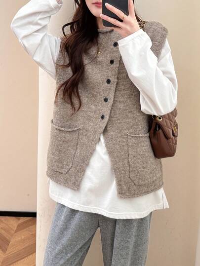 Alicedudu Gilet cardigan minimaliste à design de patte oblique pour femmes, automne/hiver