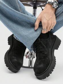 Men's Fashionable Black Thick Sole Lace-Up Casual Dress Shoes, Low-Top Formal Party Vintage Round Toe Elevator Shoes, - Black - View 4