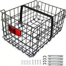 Składany koszyk z odblaskową płytą, szybko składany tylny koszyk rowerowy - wytrzymały, czarny metalowy bagażnik z odblaskowym światłem tylnym i bezpiecznym paskiem, łatwy montaż do większości rowerów, rozwiązanie do przechowywania rowerów. Elegancki, czarny koszyk z odblaskową funkcją bezpieczeństwa.