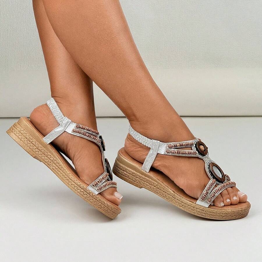 Nuevas sandalias de cuña bohemias y romanas, zapatos de plataforma retro para mujer, para primavera/verano - Plateado - Ver 1