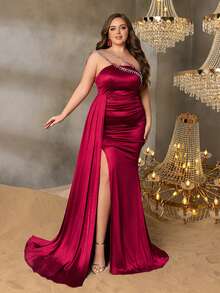 Faeriesty Vestido de noche elegante talla extra con adorno de cadena de strass y bajo de cola de sirena partida - Burdeos - Ver 2