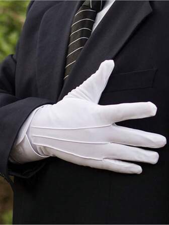 1 双白色三条纹礼仪手套，透气吸汗游行手套，交通安保执勤手套，派对服装手套