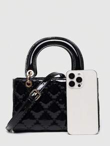 1个PU皮革包，横款酒红色女士手提包，百搭新款夏季漆面绗缝托特包，结构化小包，时尚单肩斜挎包，几何图案钱包，情人节礼物