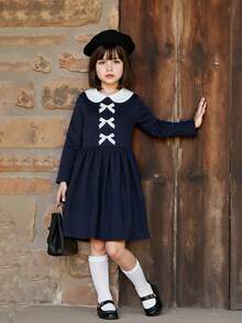 Girls' Long Sleeve Dress, Peter Pan Collar Bow Retro Style Dress, Navy Blue French Style Party Dress | Cute Young Girl Spring Outfit - Navy Blue - View 8
