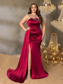 Faeriesty Vestido de noche elegante talla extra con adorno de cadena de strass y bajo de cola de sirena partida - Burdeos - Ver 4