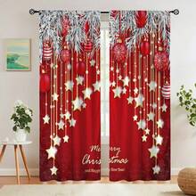 2 pièces Rideaux élégants avec motif d'étoile de boule de Noël rouge et or imprimé à plat, installation de tringle à poche, rideaux à impression numérique, matériau en polyester, convient pour le salon, la cuisine, la chambre, le bureau, la salle à manger, la décoration de la maison, la décoration de Noël