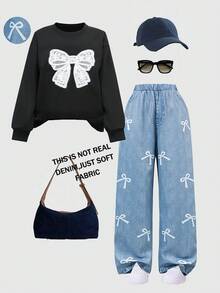 2pcs/Set Teen GirlCasual Butterfly Print Long Sleeve Sweatshirt And Pants Set, Fashionable Fitted, Autumn/Winter - Black - View 1