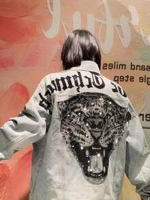 Men's And Women's Denim Shirts, Light Luxury And Fashionable Tiger Head Denim Jackets, Cool And Stylish Heavy-Duty Hot Stamping Men's And Women's Jackets, Spring And Autumn Tops, Distressed Denim, Patterned Denim - 淺色水洗藍 - 查看 5