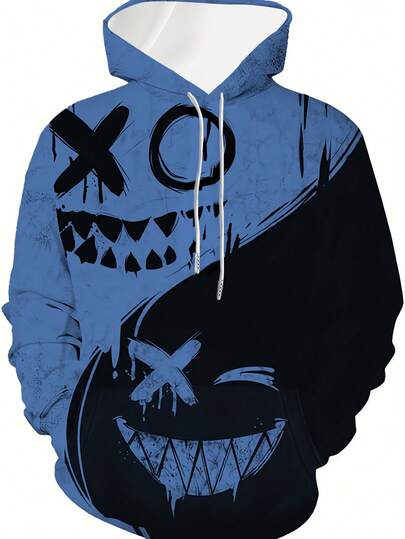 3D数码印花通勤运动休闲创意人脸图案连帽衫，卫衣，男士休闲图案设计街头服饰套头连帽卫衣，带口袋，适合秋冬季节，送礼佳品，长袖上衣