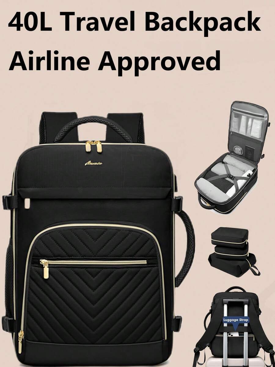 Large Carry On Travel Backpack: Flight Approved 40L Waterproof TSA Personal Item Daypack For Women Weekender Bag Fit 17inch Laptop Luggage Backpack Traveling Business With USB Port And 3 Packing Cubes - 黑色 - 查看 1