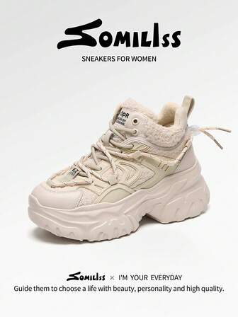 somiliss Women's Thermal Lined High-Top Casual Sneakers, Lace-Up Front, Thick Sole, Warm Faux Fur Lining, Fashion Snow Boots, Apricot Color, Winter