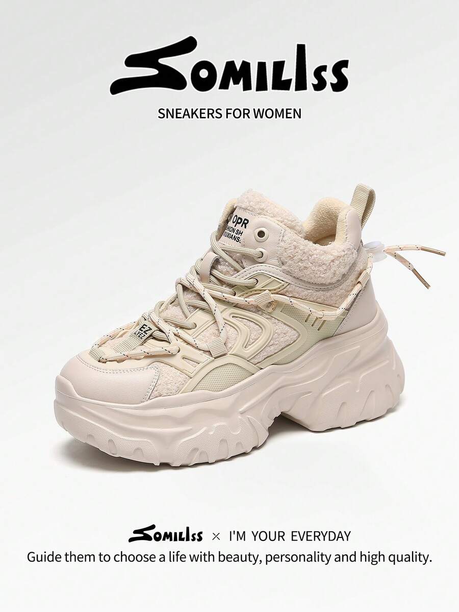 somiliss 女士保暖内衬高帮休闲运动鞋，系带前部，厚底，保暖人造毛皮衬里，时尚雪地靴，杏色，冬季