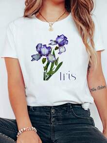 Women's 180g Cotton T-Shirt, White With Iris Floral Print, Round Neck, Short Sleeves, Casual T-Shirt Perfect For Spring And Summer, Cool And Comfortable Style, Ideal For A Relaxed Look, Soft And Durable Fabric. - White - View 2