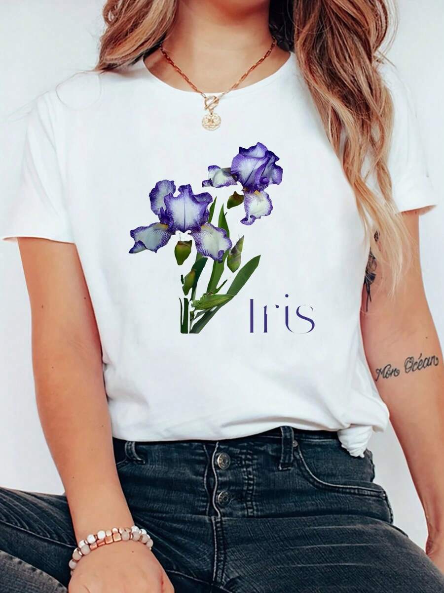 Women's 180g Cotton T-Shirt, White With Iris Floral Print, Round Neck, Short Sleeves, Casual T-Shirt Perfect For Spring And Summer, Cool And Comfortable Style, Ideal For A Relaxed Look, Soft And Durable Fabric.