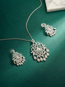 2pcs White Zirconia Waterdrop Shaped Jewelry Set: Necklace And Earrings, Bridal Wedding Dress Accessories, Middle Eastern Dubai Style, Valentine's Day Gift