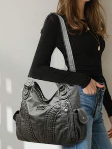 Túi xách da mềm cao cấp sang trọng thiết kế túi đeo chéo cổ điển cho nữ dung tích lớn túi đeo vai nữ - Xám - Xem 10