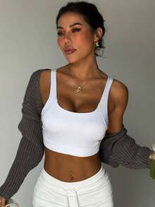 女士白色圆领可拆卸衬垫后背扣运动针织文胸 - 白色 - 查看 4