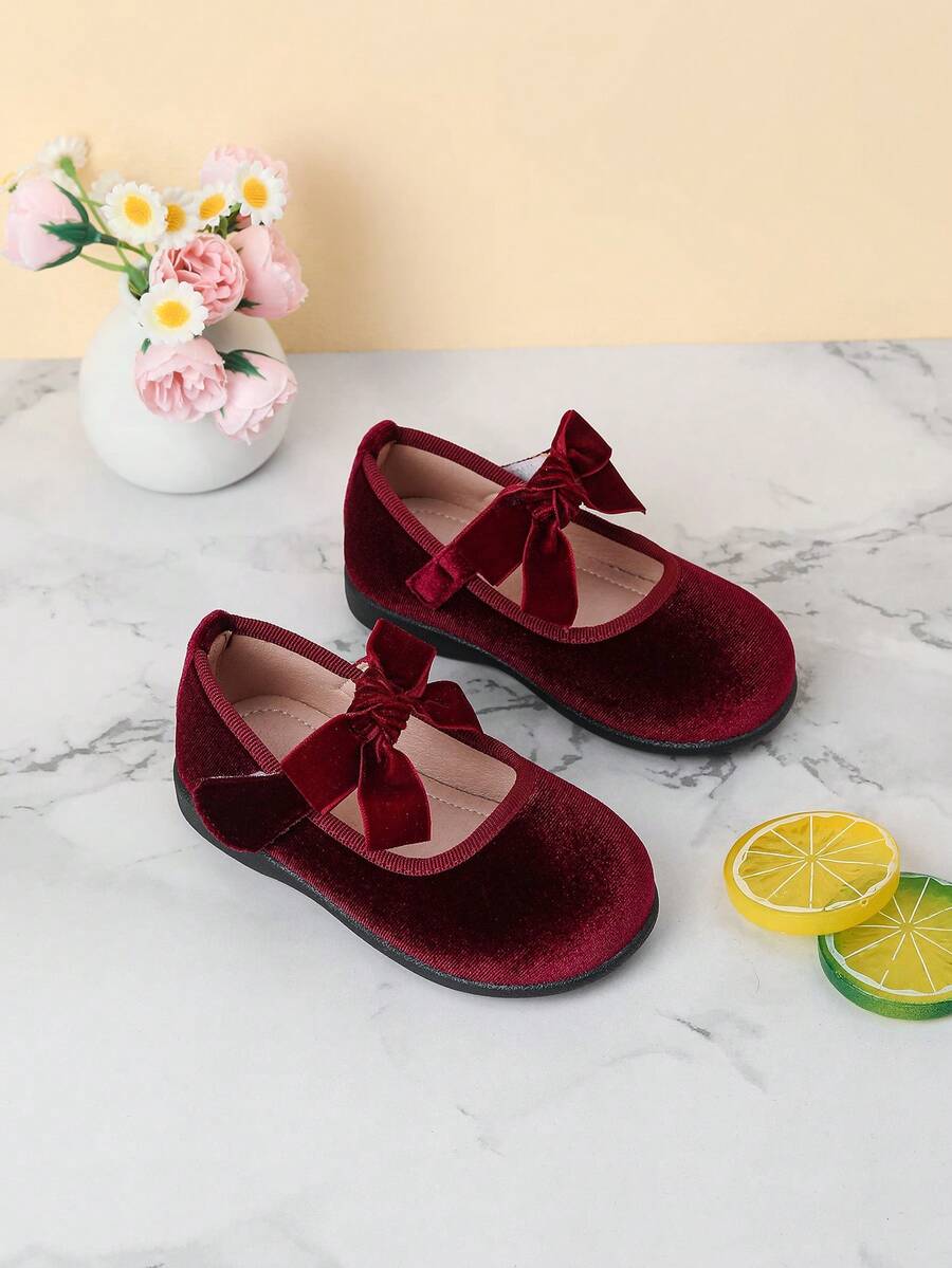 Velvet Bow Decor Everyday Baby Girl Shoes, Suitable For Autumn/Winter - Burgundy - View 1