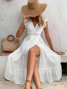 Long Beach Dress With Wrap Hem And Ruffle, Vacation Outfit For Women - White - View 11