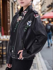 Risissida Women's Spring & Autumn Faux Leather Embroidered Commuter Jacket With Belt, Minimalist Versatile Riding PU Jacket For Spring - Black - View 5