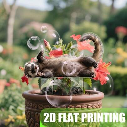 2D 平面，1 个乡村花园标签 - 花盆上可爱的雪貂设计，农舍户外装饰标志适用于盆栽植物、草坪和庭院 - 无需电力，易于安装在地面上 - 完美的园艺圣诞礼物，草坪装饰，有趣的设计，耐用的塑料，动物雕像，宠物爱好者，2D 平面，最适合圣诞节