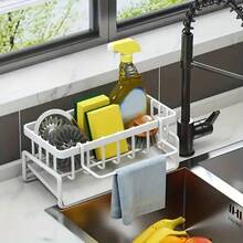 1 Simple Metal Kitchen Sink Rack, Self-Draining Kitchen Sink Organizer, Sponge Draining Rack, Suitable For Kitchen/Bathroom Countertop Storage, Comes With A Towel Rod, Available In Black, Gray, And White