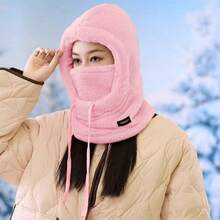 Women's Hooded Ski Face Mask, Wool Blend Hooded Ski Mask For Winter, Windproof Drawstring Balaclava Autumn Decor