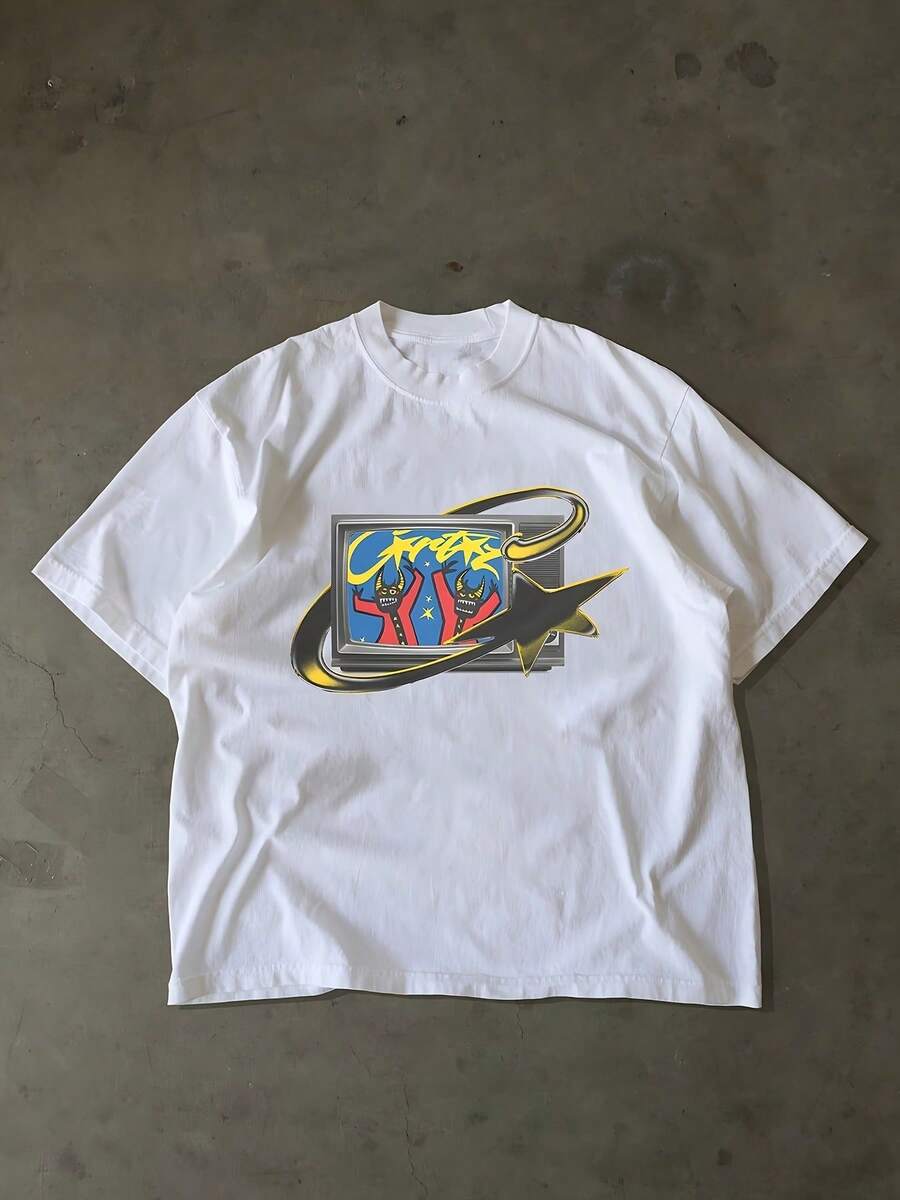 Summer Women's Short Sleeve Printed T-Shirt, Pure 220g Heavyweight Printed T-Shirt, Women's Fashion  Outfit; Double Needle Collar, Reinforced Shoulder Stitching, High-Quality Pure T-Shirt - White - View 1