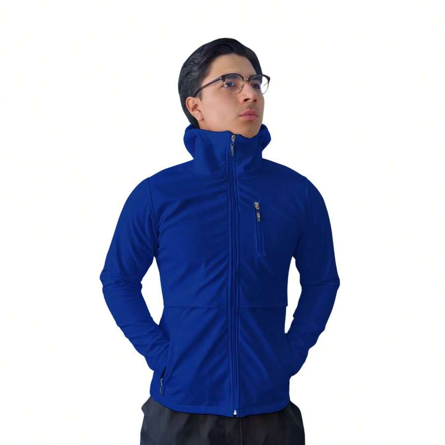 Chamarra Antifluidos Caballero dos bolsillos al frente bolsa en pecho gorro temporada invierno cierre frontal largo - Azul Cadete - Ver 1