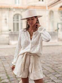 Women's Autumn Knit Cardigan, Semi-Sheer, Long Sleeve, Round Neck, Button Front, Minimalist Elegant, Essential Fashion Piece - White - View 5