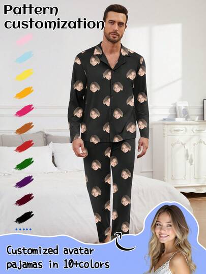 Printstory Customized Portrait, Pet Cartoon, Holiday Themed Interesting Long Sleeve Top & Pants Pajama Set, Loungewear, Winter