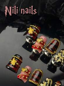 用10片装的圣诞主题美甲片，打造独一无二的圣诞美甲！这款圣诞新年手工按压式美甲片，鸭嘴形设计，3D立体装饰，血红色和黑色扎染，3D立体效果，适合新年使用。全覆盖亚克力假指甲套装，专为女性和女孩设计，附赠凝胶贴纸、指甲锉和美甲用品。 - 酒紅色 - 查看 7