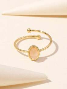 1pc 14K Gold Plated Dopamine Inspired Baroque Style Natural Stone Decor Adjustable Stainless Steel Ring, Suitable For Women's Daily Wear, Gift, Stainless Steel Ring, Women's Gold Ring, Ins Style, Halloween, Christmas, Women's Jewelry - 彩色 - 查看 3